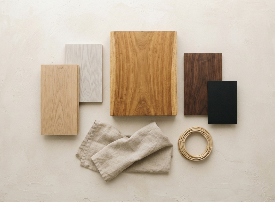 Solid teak paired with oak, ash, walnut, black steel and linen in a Scandinavian materials moodboard