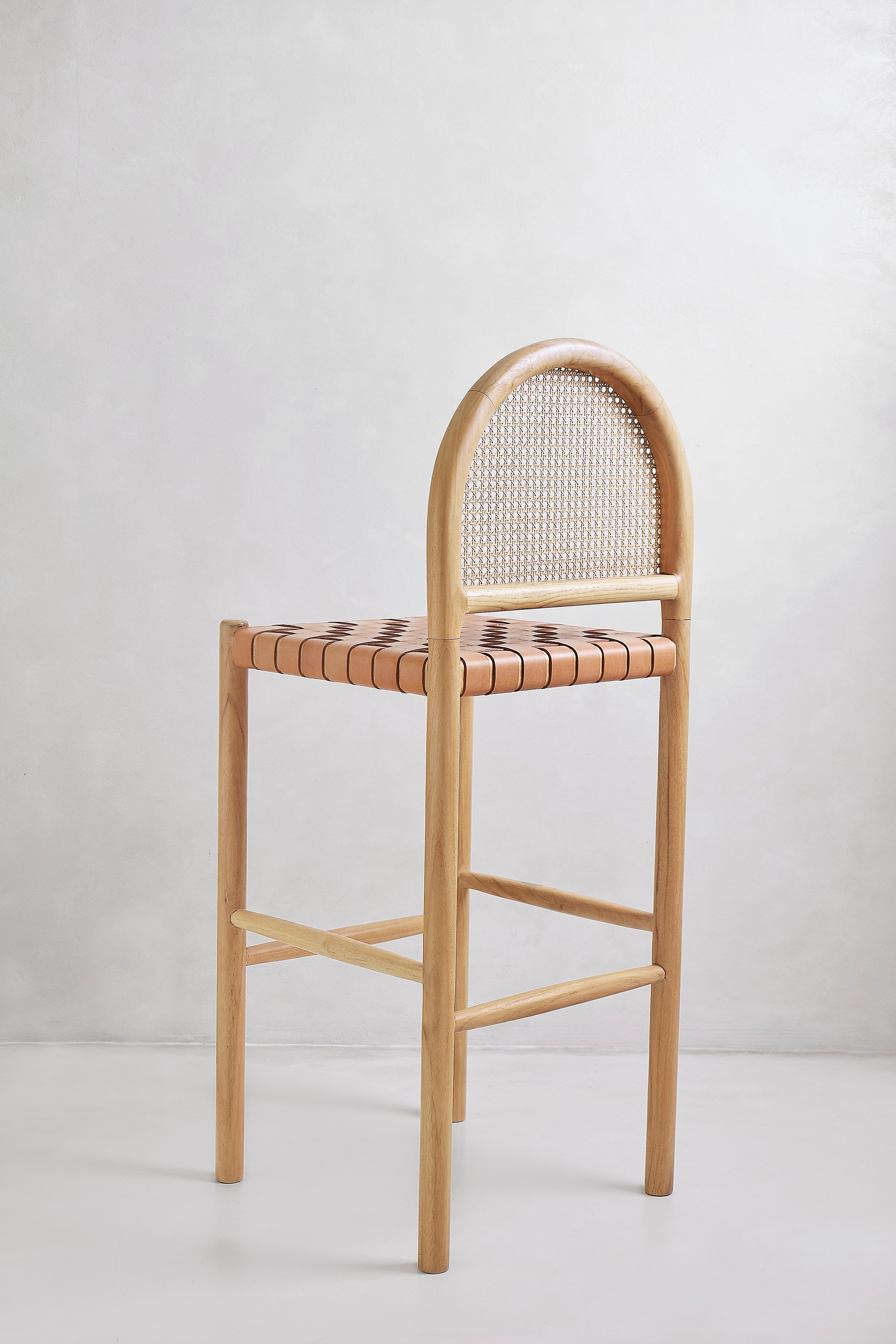 Moss Leather Curved Rattan Stool