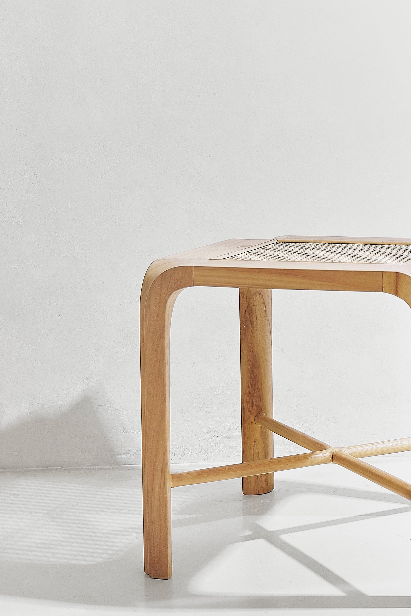 Willow natural rattan and recycled teak side table, cube proportions close up