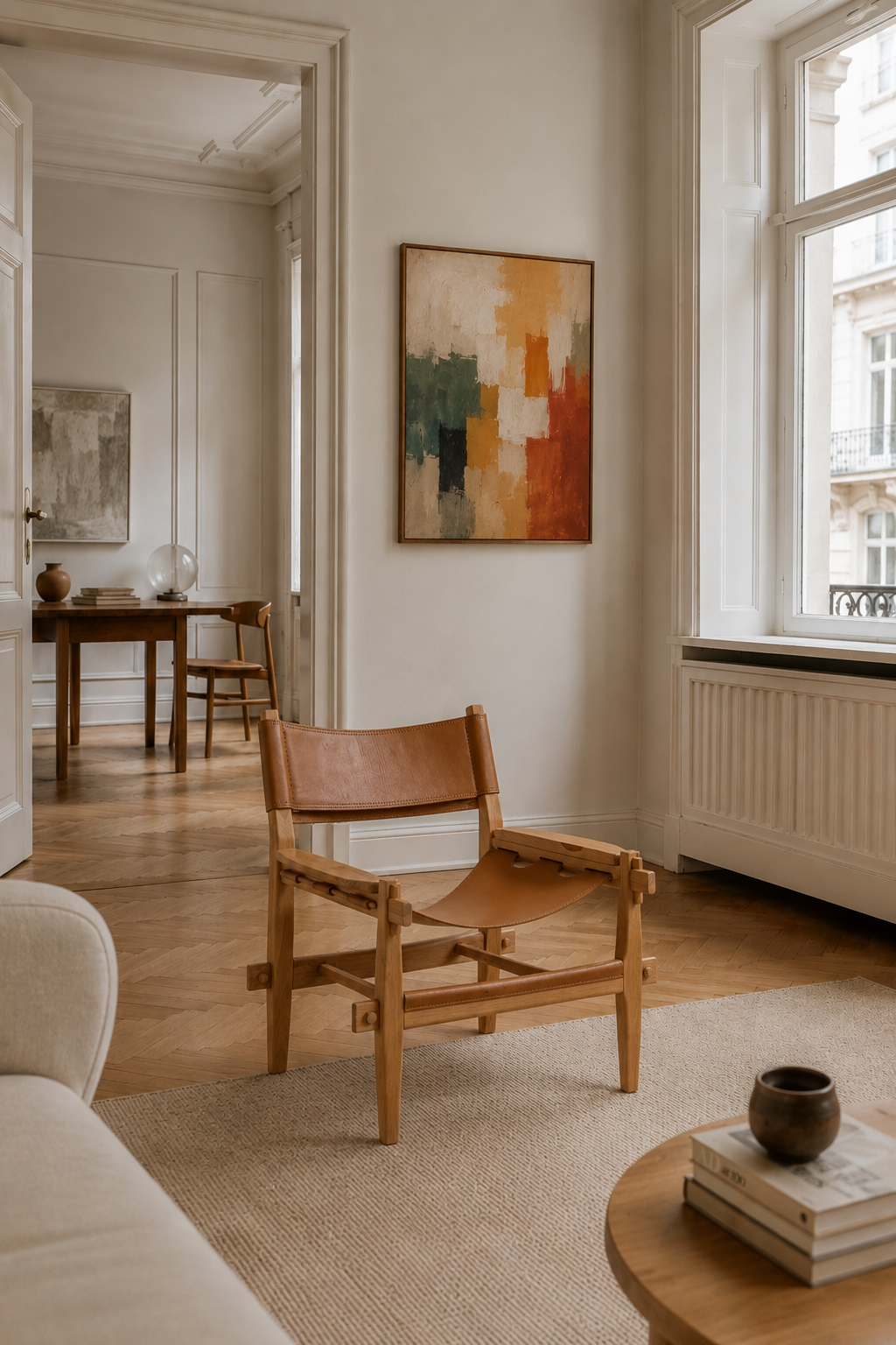 Vera top grain leather sling lounge chair with teak arms and frame in scandi house setting