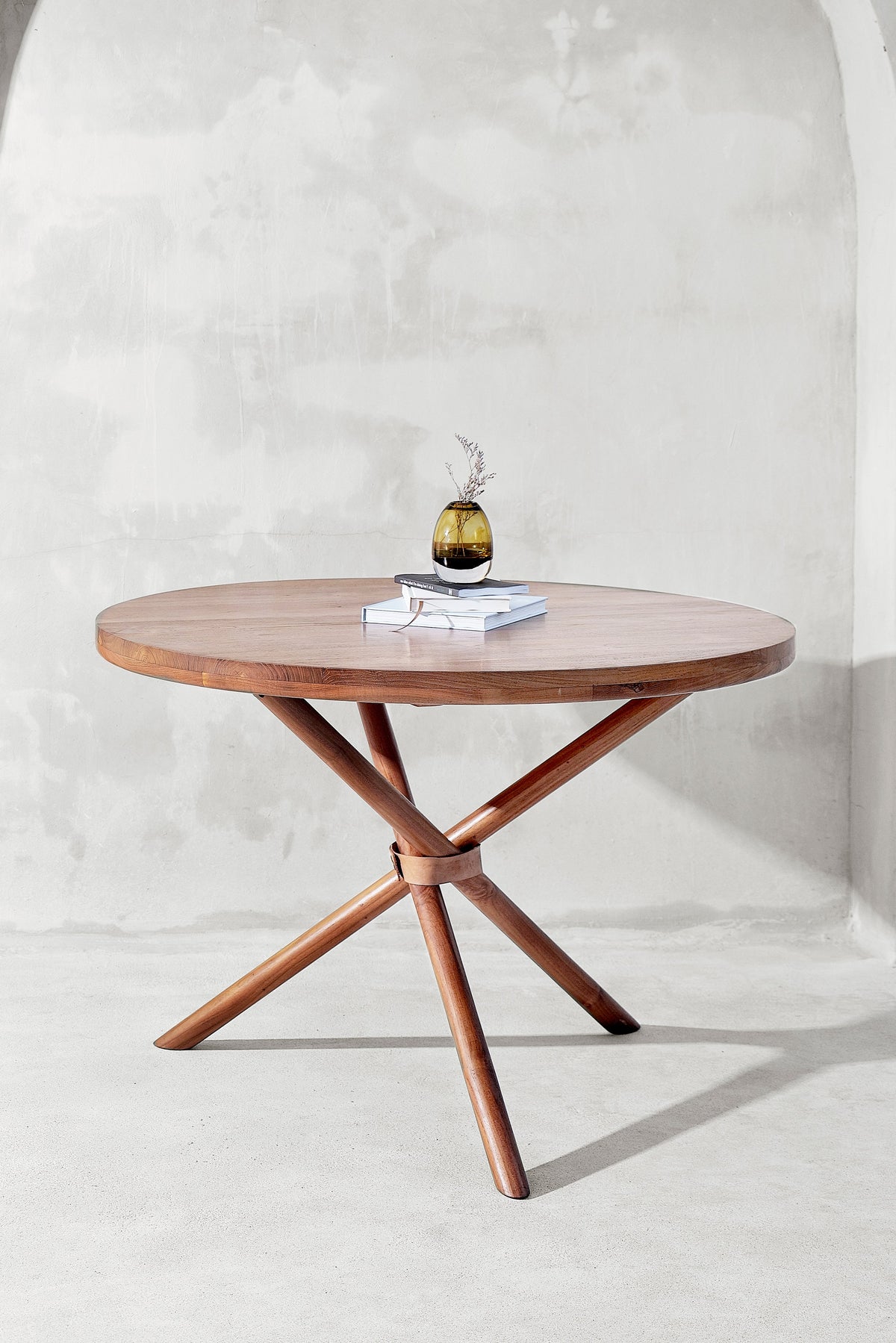 Round Teak Dining Table with Leather Strap Detail